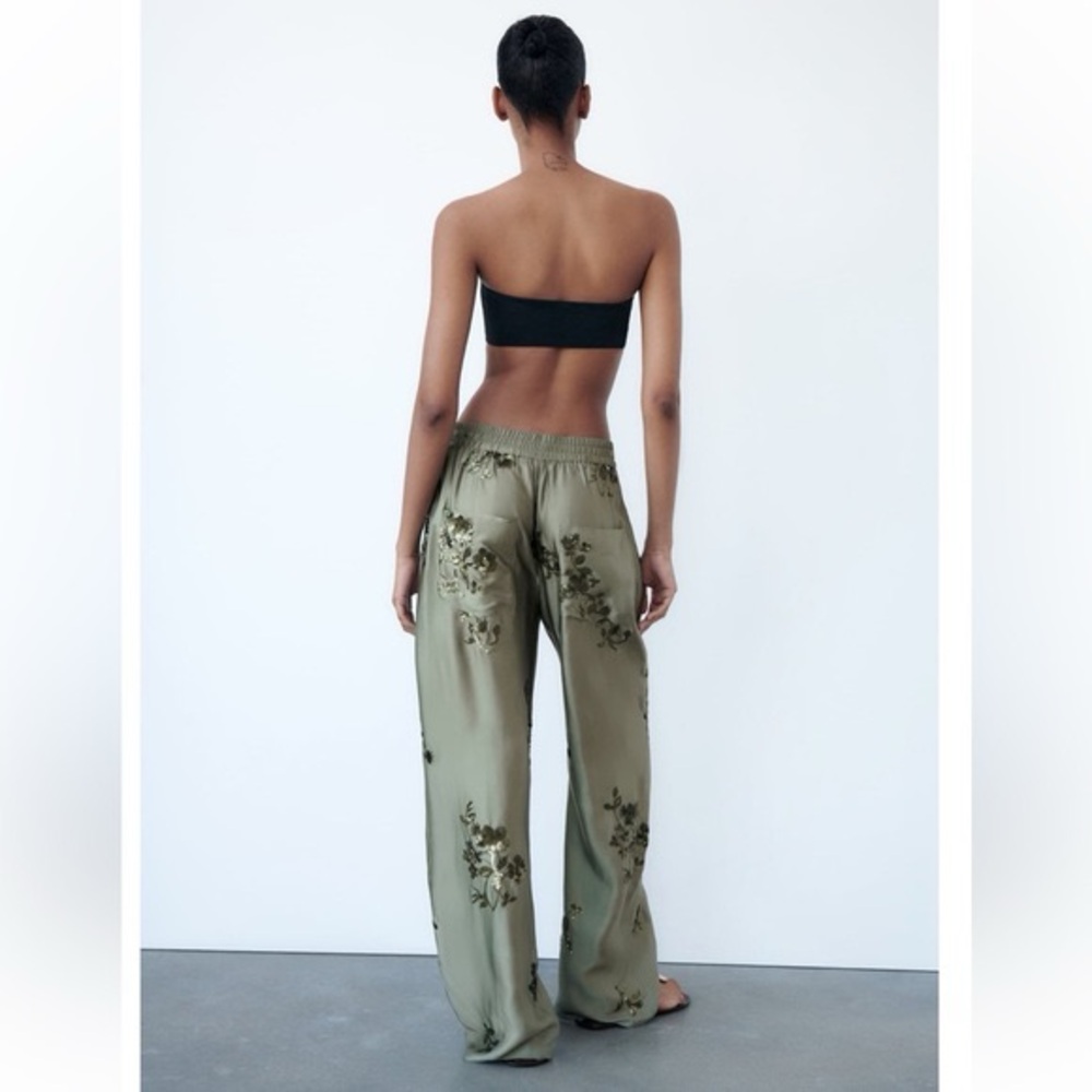 Zara sequin satin effect Embroidered sequin Olive Green Satin Pants NWT XXL - Picture 3 of 10
